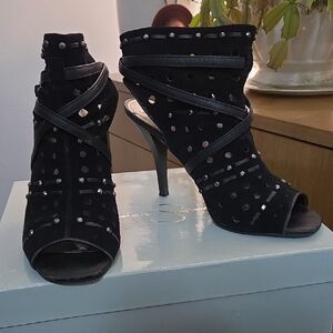 Fergie Black Suede. Stud Embellished.  Peep-Toe Heels.  Gently Warn